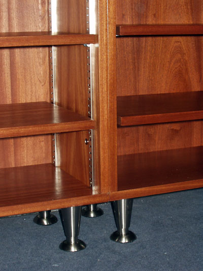 Close up of the legs and shelf fitting of the bookshelves