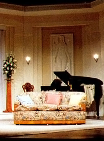 view of stage set - close up of the detail of the wall sculpture and moulding